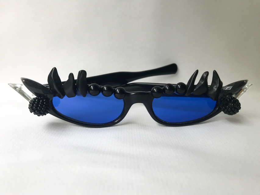Black And Blue Skinny Cat Eye Vintage 1960s Embellished Sunglasses