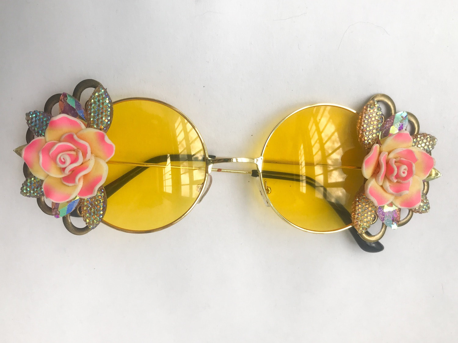 Yellow Floral Rhinestone Sunglasses Yellow Sunglasses Handcrafted With Flowers And Rhinestones